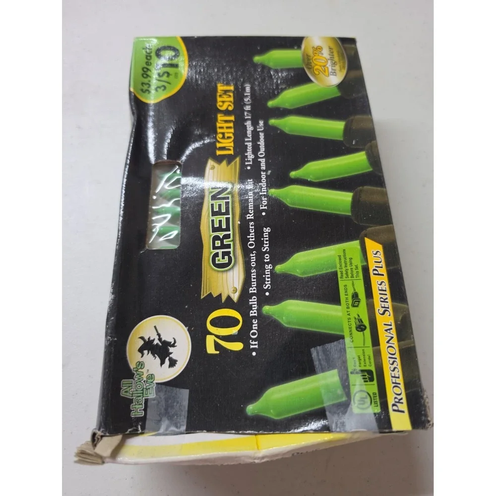 All Hallow's Eve 70 Count Green String Lights, Halloween Theme, Black Wire